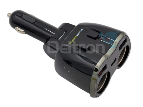 Bovenkant RoadPro 12V Power hub met twee sigaretaanstekerpoorten, twee USB-poorten en een USB-C poort