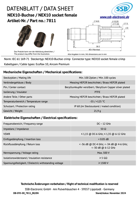 Datasheet van de SSB 7811 NEX10-Female connector voor Ecoflex-10 en Aircom Premium coaxkabel