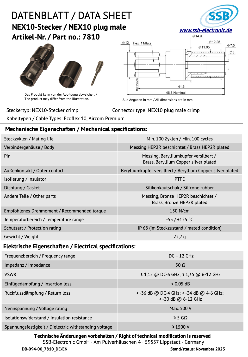 Dattasheet van de SSB NEX10-Male connector met artikelnummer 7810