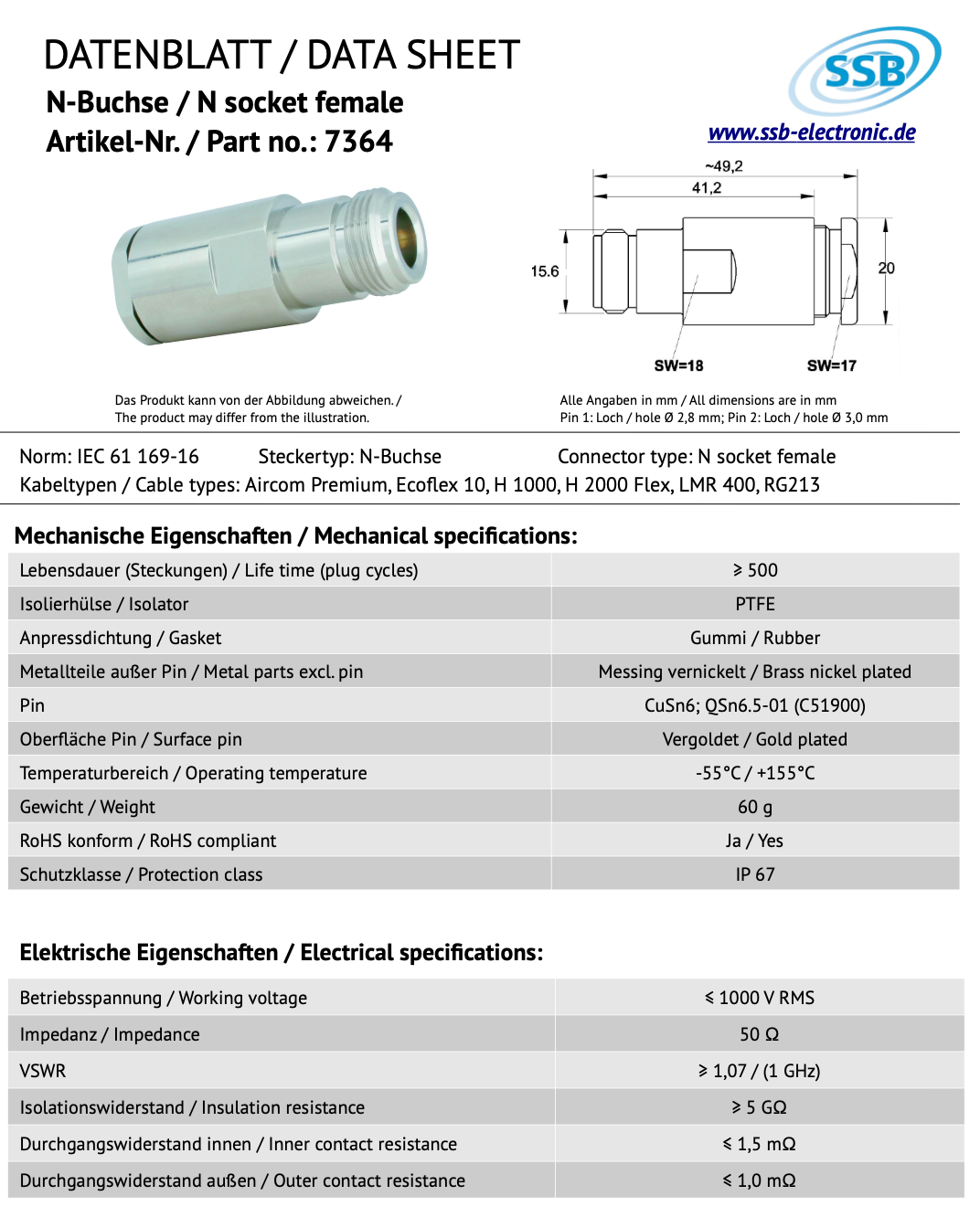 Datasheet van de SSB 7364 connector N-Male voor Aircom Premium, Ecoflex-10, H2000 flex, LMR400 en RG213 coaxkabels