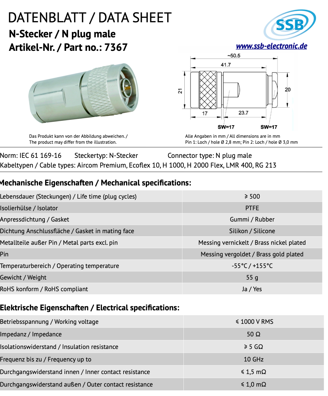 Datasheet SSB 7367 N-connector voor Aircom Premium, Ecoflex-10, H1000, H2000, LMR400 en RG213 coaxkabels