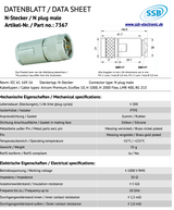 Datasheet SSB 7367 N-connector voor Aircom Premium, Ecoflex-10, H1000, H2000, LMR400 en RG213 coaxkabels