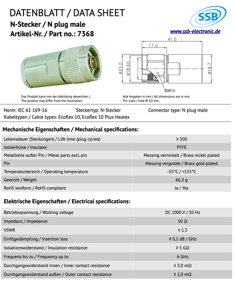SSB 7368 N-connector voor Ecoflex-10 en Ecoflex-10 Plus Heatex coaxkabels