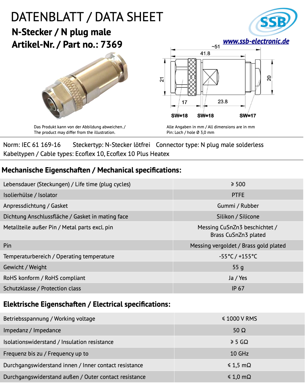 SSB 7369 N-connector voor Ecoflex-10 en Ecoflex-10 Plus Heatex coaxkabels