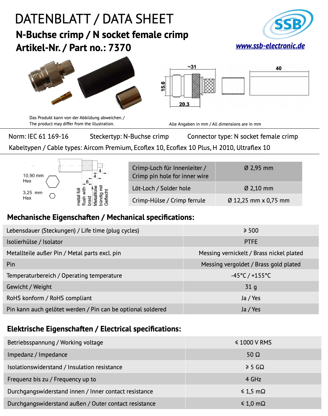 SSB 7370 N-connector voor Aircom Premium, Ecoflex-10, Ecoflex-10 Plus, H2010 en Ultraflex 10 coaxkabels
