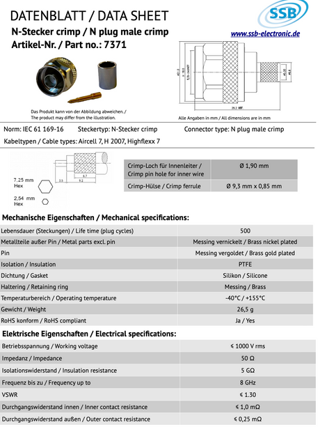 SSB 7371 N-connector voor Aircell-7, H2007 en highflex-7 coaxkabels