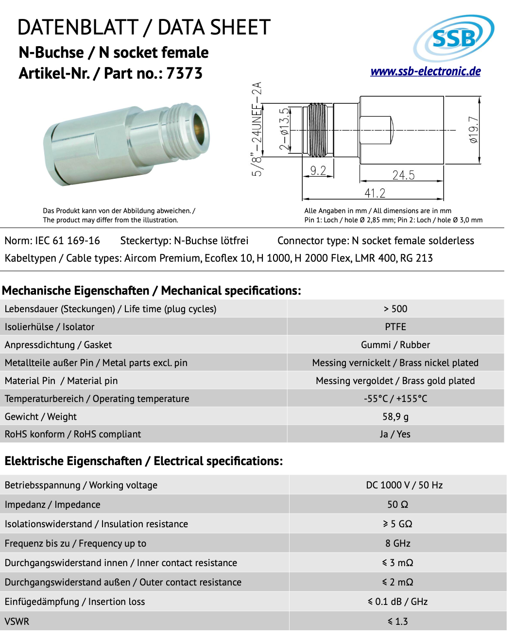 SSB 7373 N-connector voor Aircom Premium, Ecoflex-10, H1000, H2000, LMR400 en RG213 coaxkabels