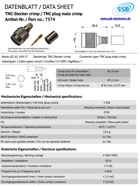 Datasheet SSB 7374 TNC-connector crimp bevestiging voor Aircell-7, Ecoflex-7, H2007 en Highflexx-7 coaxkabels 