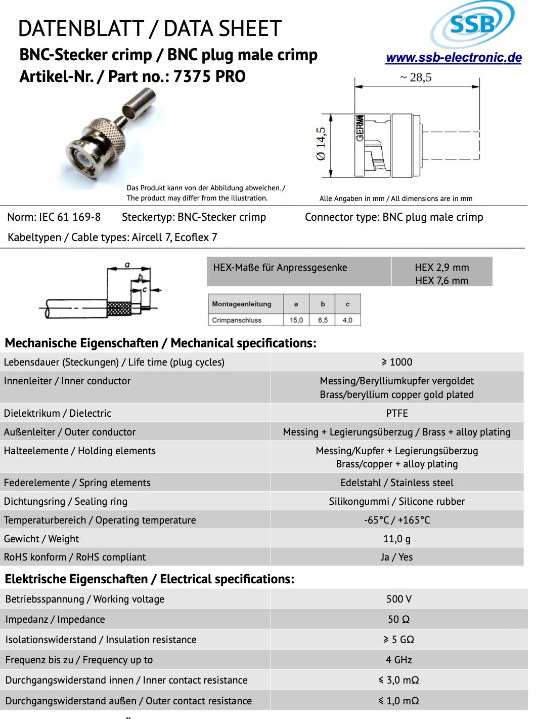 Datasheet SSB 7375 Pro BNC-Male connector voor Aircell-7 en Ecoflex-7 coaxkabel