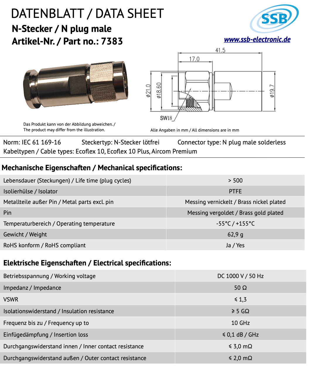 SSB 7383 N-connector voor Ecoflex-10, Ecoflex-10 Plus en Aircom Premium coaxkabels