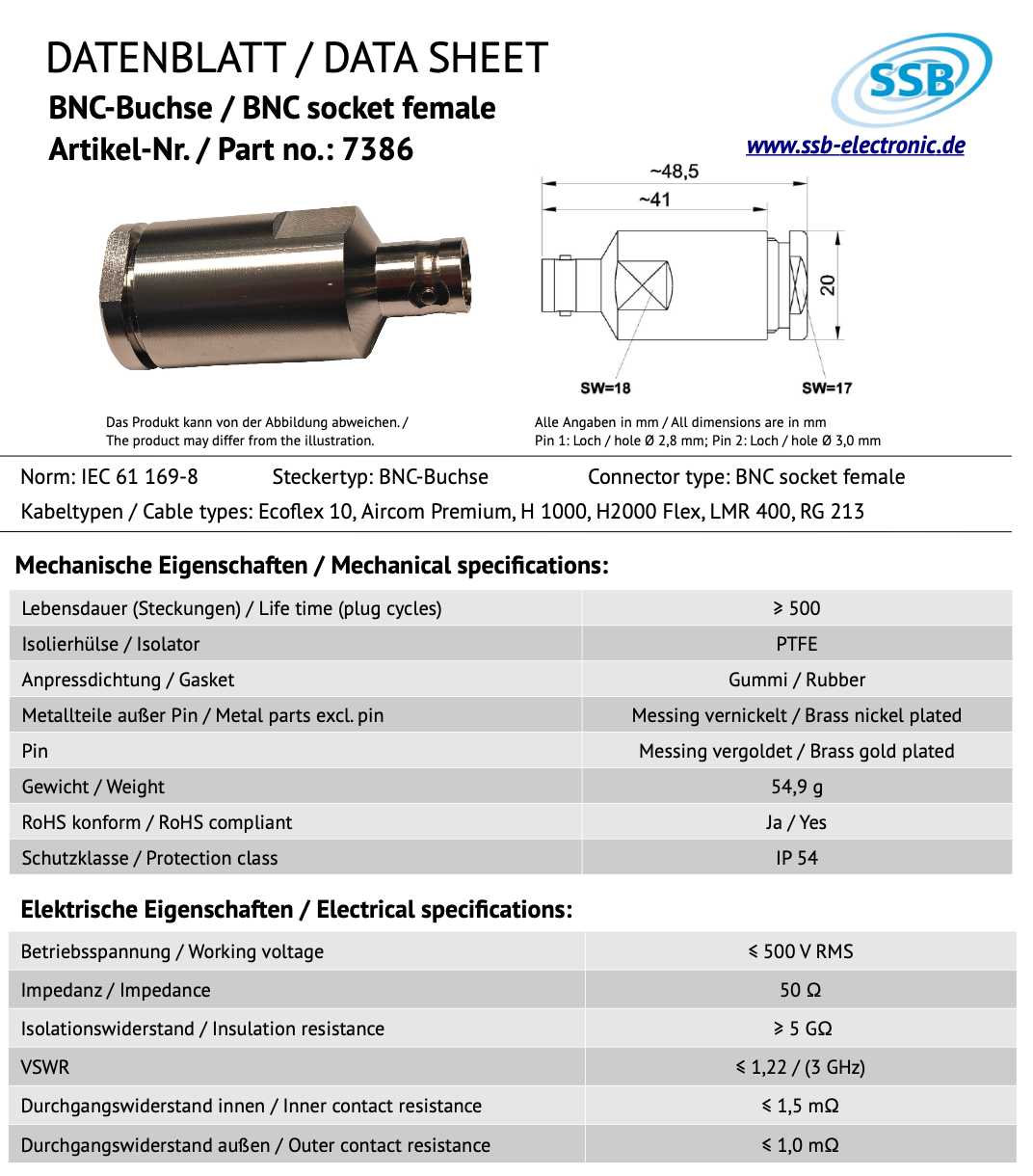 Datasheet SSB 7386 BNC-connector voor Ecoflex-10, Aircom Premium, H1000, H2000 flex, LMR400 en RG213 coaxkabels