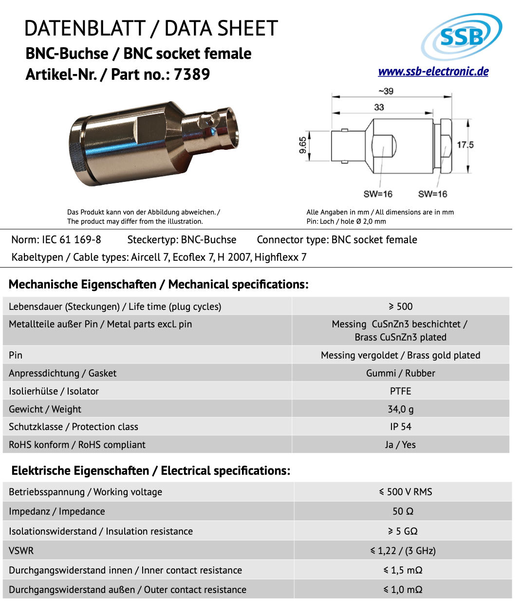 Datasheet SBB 7389 BNC-connector voor Aircell-7, Ecoflex-7, H2007 en Highflex-7 coaxkabels