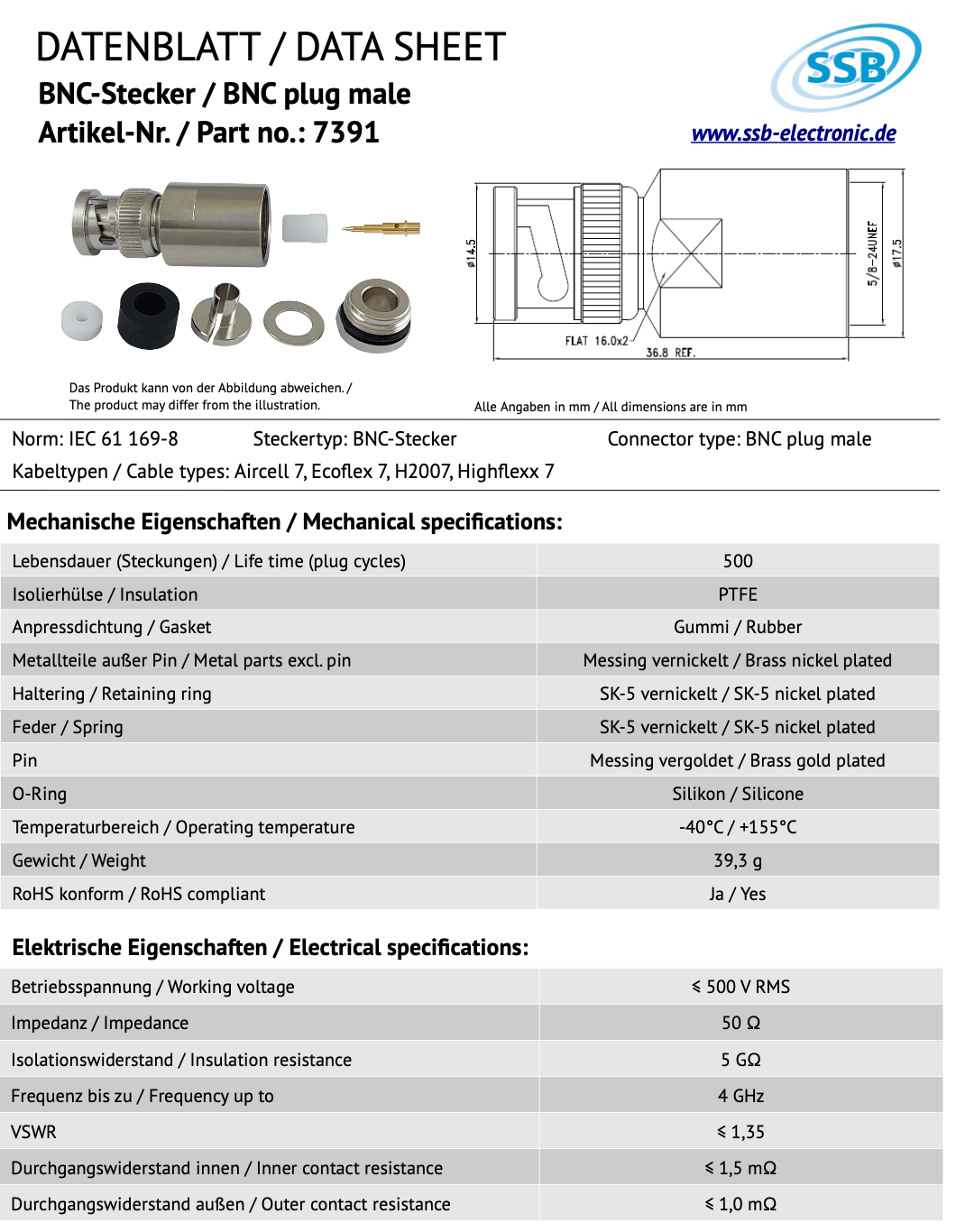 Datasheet SSB 7391 BNC-connector voor Ecoflex-7, Aircell-7, H2007 en Highflex-7 coaxkabels
