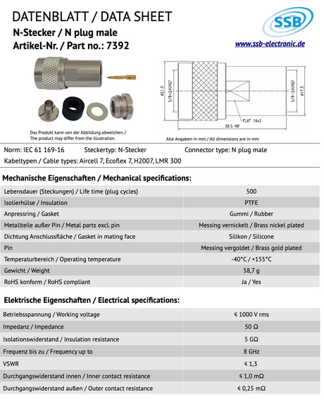 SSB 7392 N-connector voor Aircell-7, H2007 en LMR300 coaxkabels