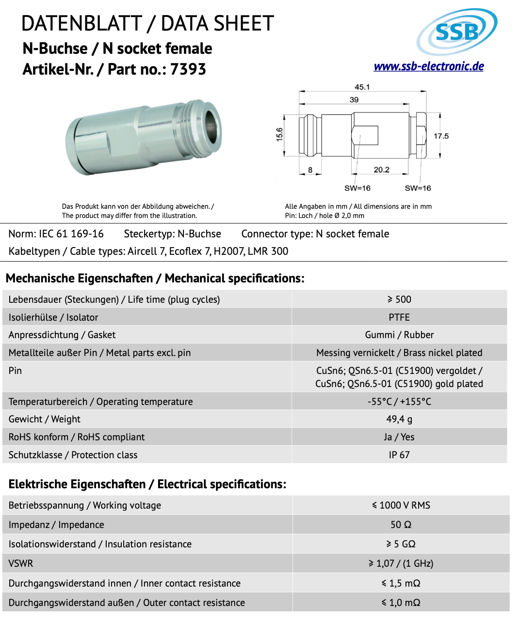 SSB 7393 N-connector voor Aircell-7, H2007 en LMR300 coaxkabels
