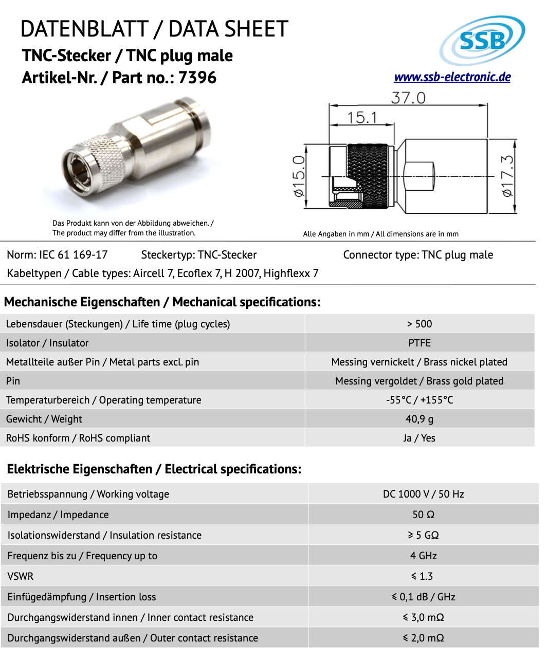 Datasheet SSB 7396 TNC-connector voor Aircell-7, Ecoflex-7, H 2007 en Highflexx-7 coaxkabels