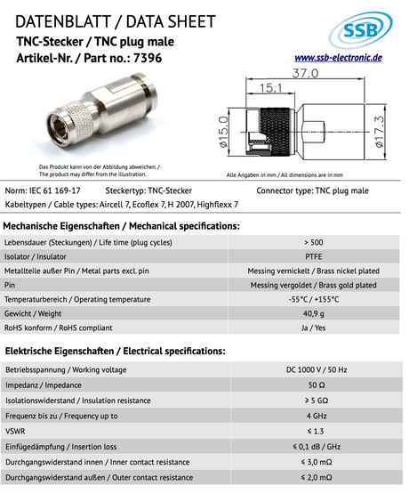 Datasheet SSB 7396 TNC-connector voor Aircell-7, Ecoflex-7, H 2007 en Highflexx-7 coaxkabels