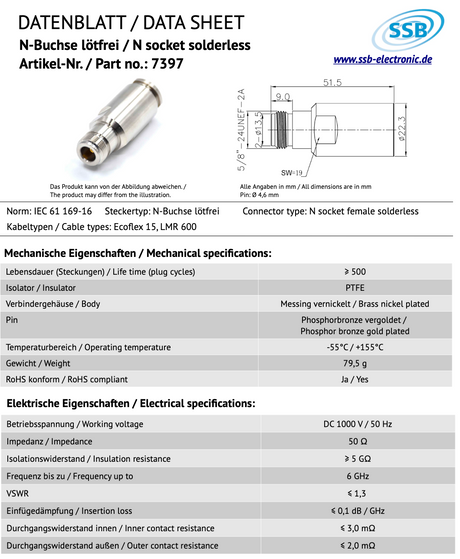 SSB 7397 N-connector voor Ecoflex-15 en LMR600 coaxkabels