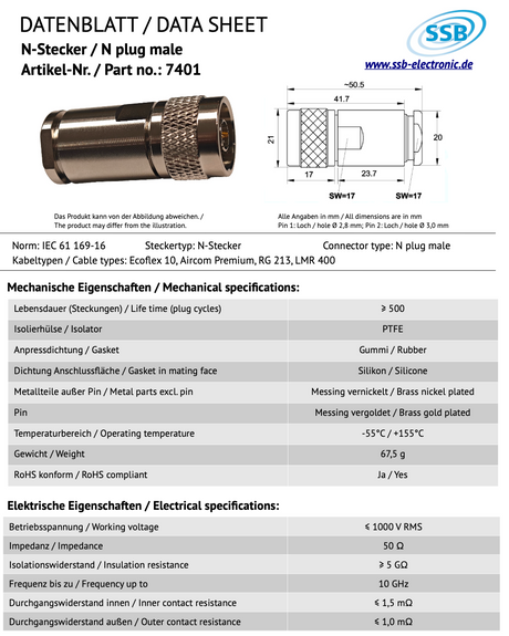 SSB 7401 N-connector voor Ecoflex-10, Aircom Premium, LMR400 en RG213 coaxkabels