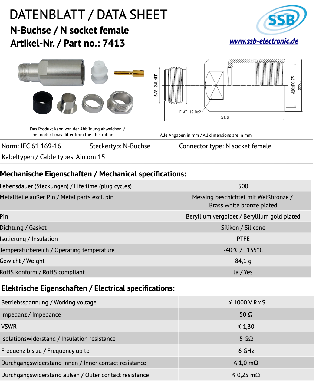 Datasheet SSB 7413 adapter N-Male naar N-Female