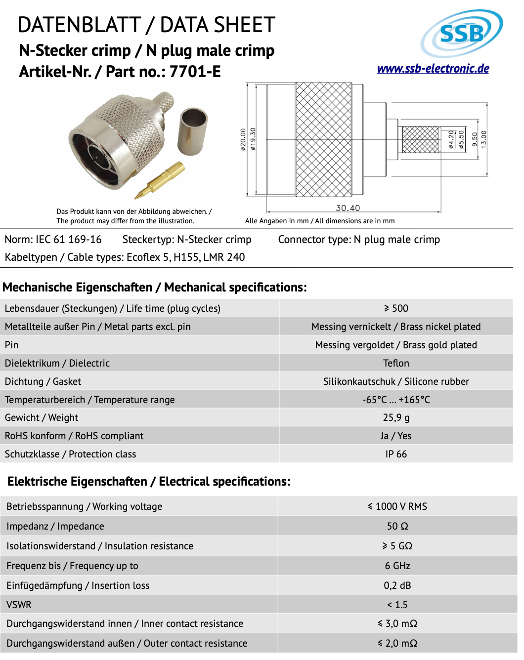 SSB 7701-E N-connector voor Ecoflex-5, H155 en LMR240 coaxkabels