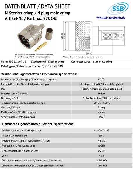 SSB 7701-E N-connector voor Ecoflex-5, H155 en LMR240 coaxkabels