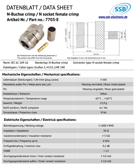 Datasheet SSB 7703-E N-connector crimp voor Ecoflex-5, H155 en LMR240 coaxkabels