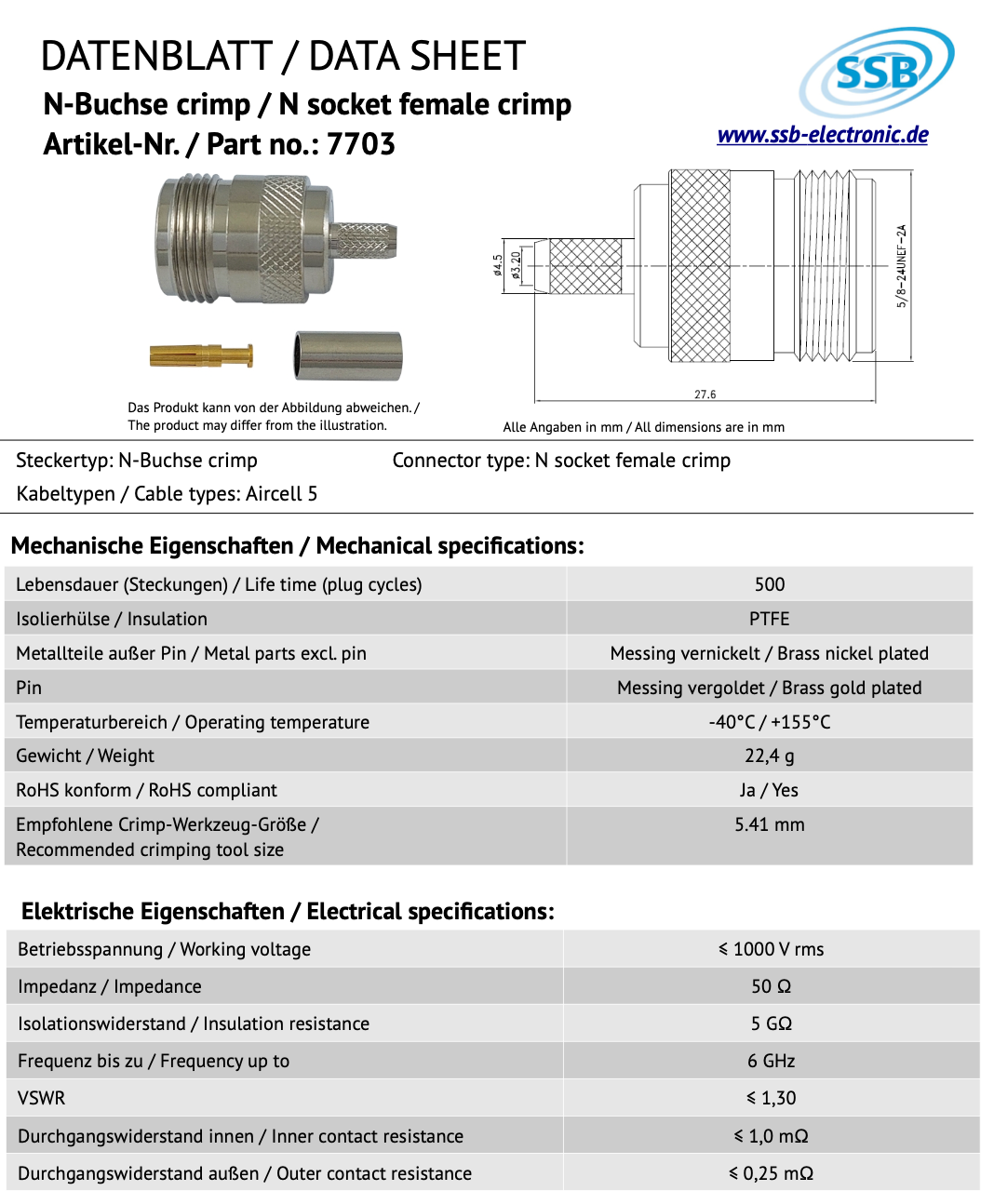 SSB 7703 N-connector voor Aircell-5 coaxkabels