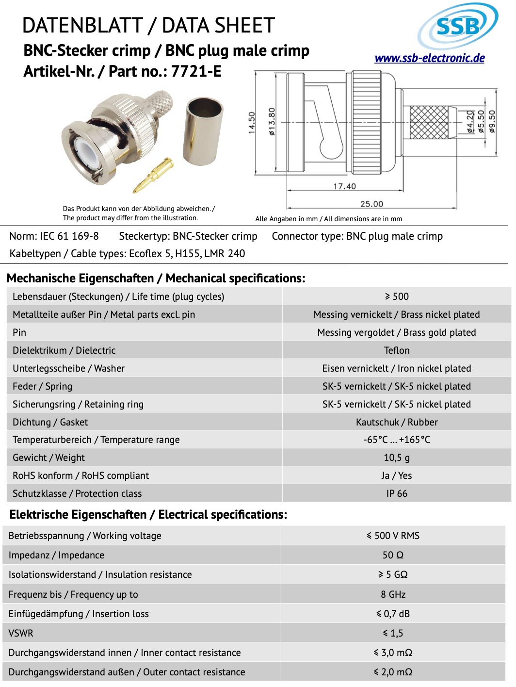 Datasheet SSB 7721-E BNC-Male crimp connector voor Ecoflex-5, H155 en LMR 240 coaxkabels