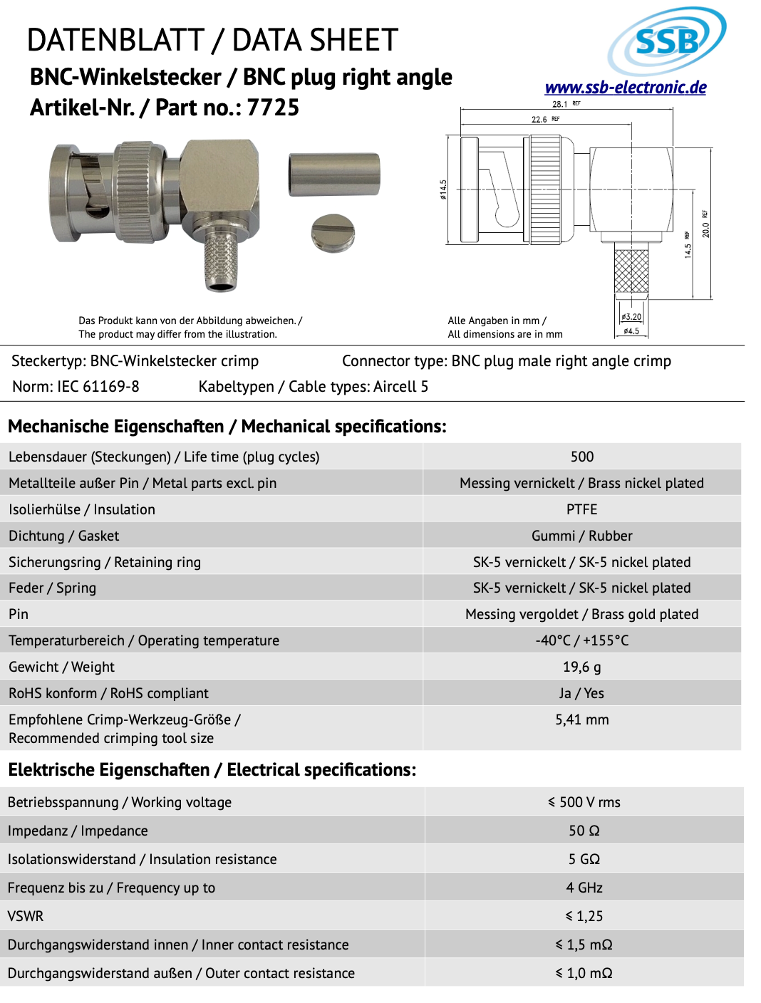 Datasheet SSB 7725 haakse BNC-connector voor Aircell-5 en RG58 coaxkabels