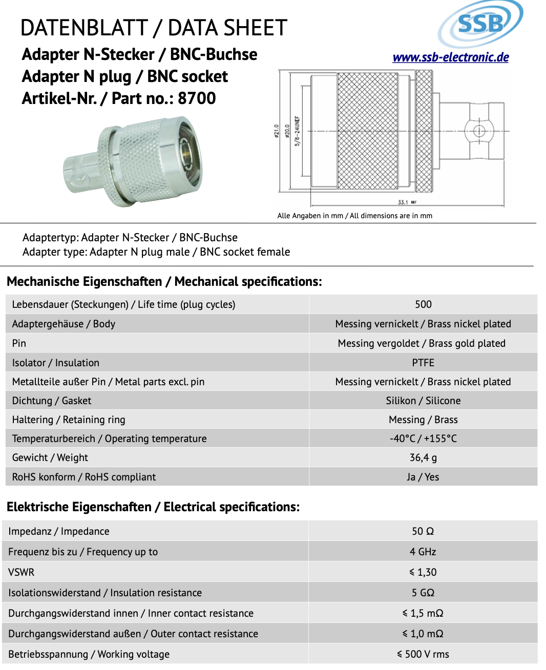 SSB 8700 adapter van N-Male naar BNC-Female 