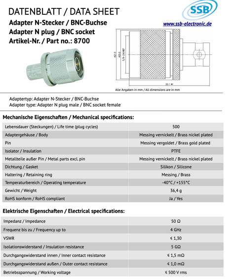 SSB 8700 adapter van N-Male naar BNC-Female 