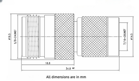 Afmetingen van de SSB 870 TNC-Male naar N-Female adapter