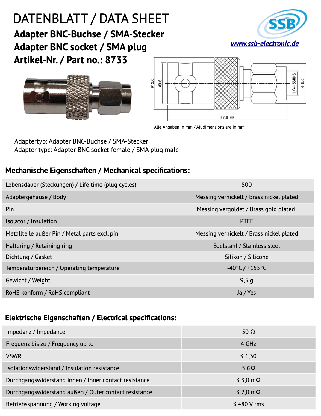 Datasheet SSB-8733 adapter van BNC-Female naar SMA-Male