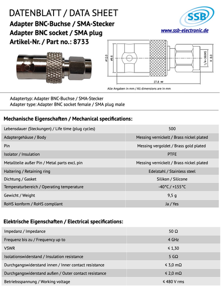 Datasheet SSB-8733 adapter van BNC-Female naar SMA-Male