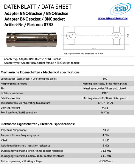 Datasheet SSB 8738 adapter van BNC-Female naar BNC-Female