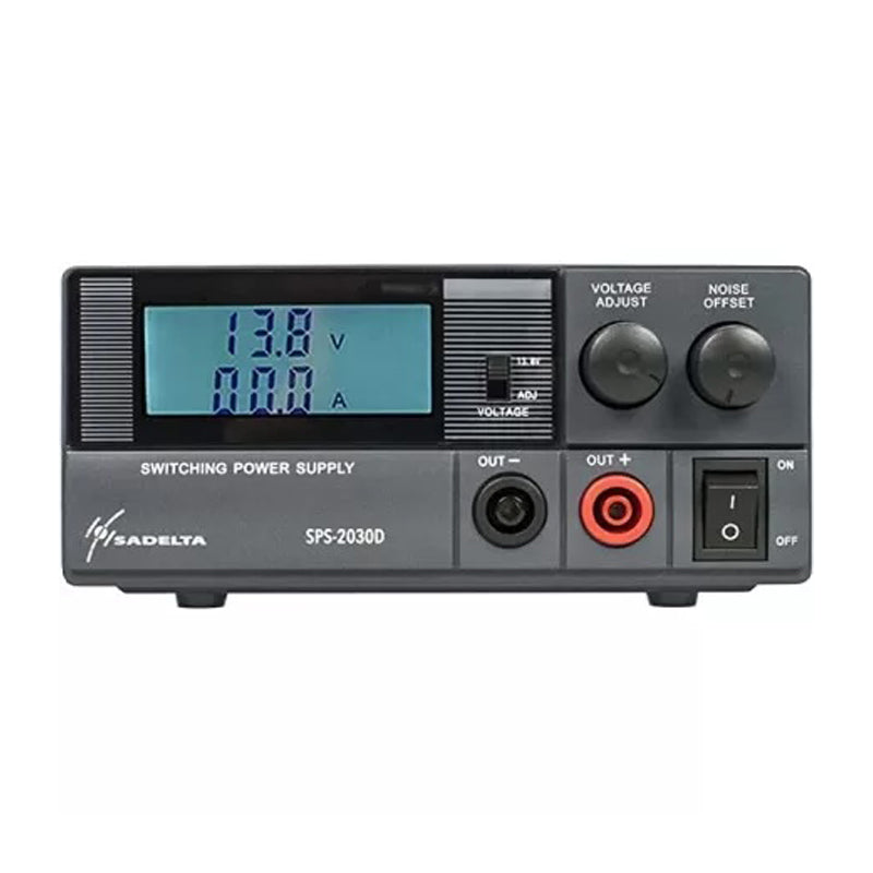 Sadelta SPS-2030D schakelende voeding met digitaal display, grote bedieningsknoppen, aansluitingen en aan/uit knop