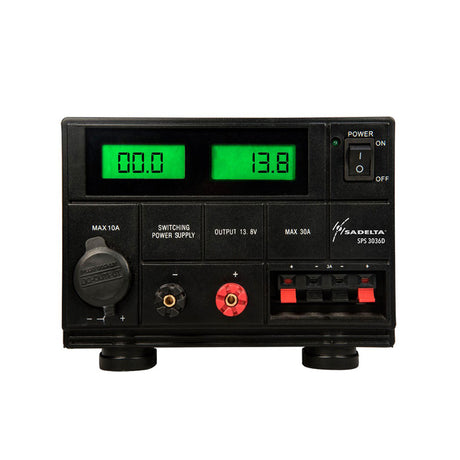 Sadelta SPS-3036D elektronische voeding met digitaal display en groene achtergrondverlichting, bedieningsknoppen en aansluitingen