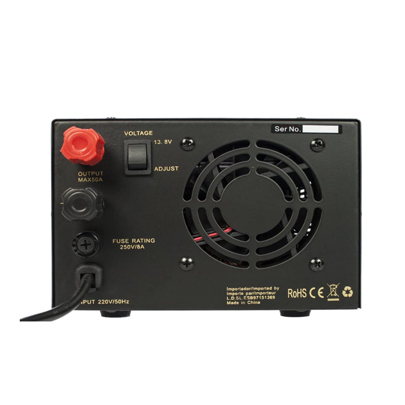 Achterkant van de Sadelta SPS-5055 elektronische voeding met daarop de ventilator, voltage knop, voedingskabel en aansluitingen