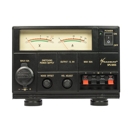 Sadelta SPS-5055 elektronische voeding met twee analoge meters, grote bedieningsknoppen en aansluitingen