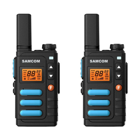 Set van wee Samcom FT-18 vergunningsvrije walkie talkies in de kleuren zwart met blauw