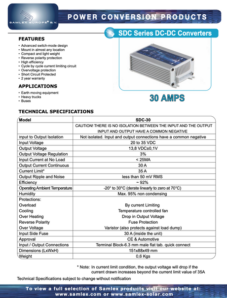 Datasheet van de Samlex SDC-30 omvormer die 24V omzet naar 12V spanning