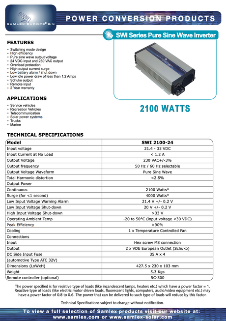 Datasheet van de Samlex SWI-2100-24 omvormer die 24 volt omzet naar 2100W 230V voedingsspanning