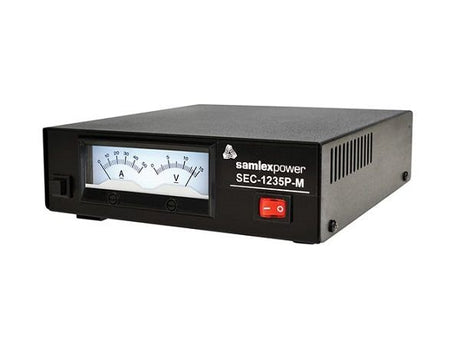 Samlex SEC-1235P-M power supply met twee analoge meters en een aan/uit knop