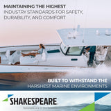 Boot met vrouw voor op het dek varend in het water met shakespeare antennes en antenne beugels erop gemonteerd