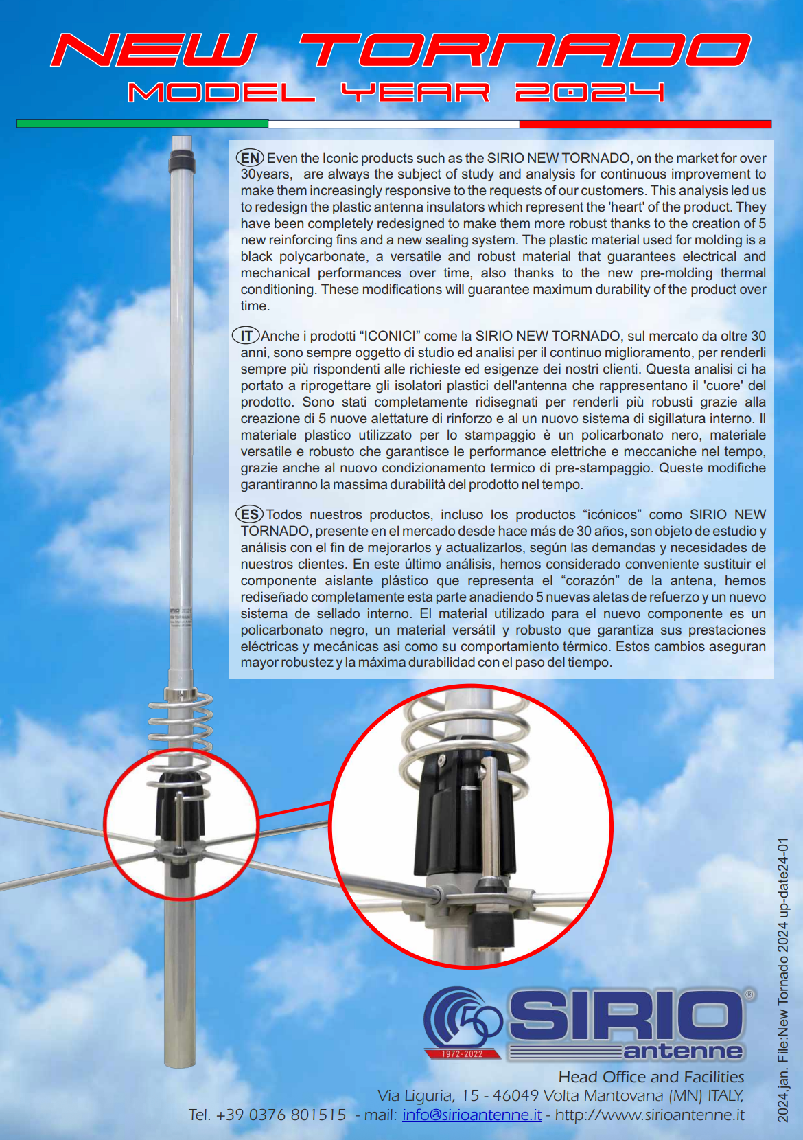 Sirio New Tornado 27MHz antenne flyer met daarop informatie hierover