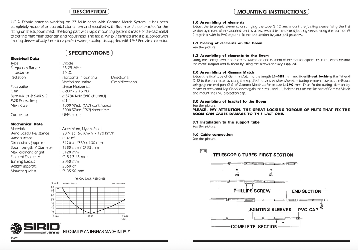 Montage instructies deel 2 van de Sirio SD 27 Dipole basisantenne voor de 27MHz CB