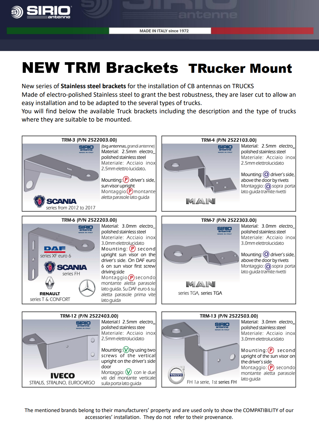 Flyer 1 van Sirio TRM antenne beugels voor trucks en vrachtwagens