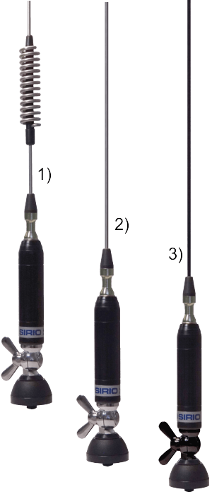 Overzicht van drie verschillende type Sirio Titanium antennes; Titanium 800, titanium 1000/1200 en de titanium 1500 uitgevoerd in de kleur zwart