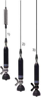 Overzicht van drie verschillende type Sirio Titanium antennes; Titanium 800, titanium 1000/1200 en de titanium 1500 uitgevoerd in de kleur zwart